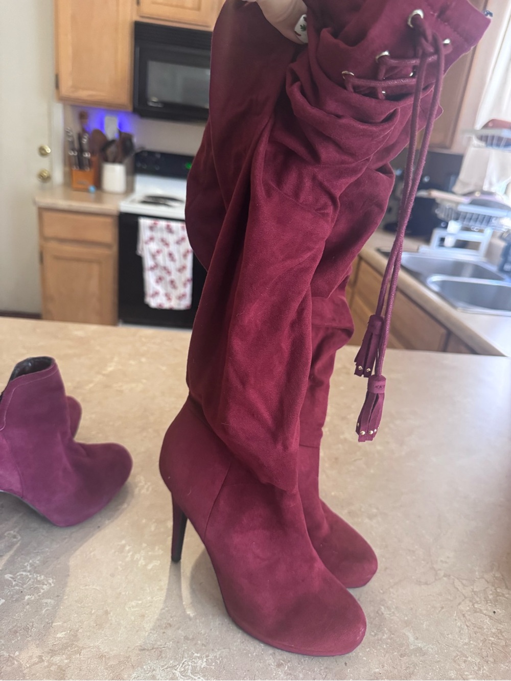 Women's Over-the-Knee Suede High Heel Boots - Burgundy